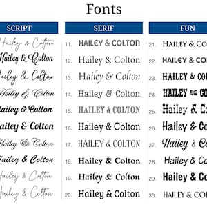 a collection of various font styles, including script, serif, and fun fonts, arranged in a table format.