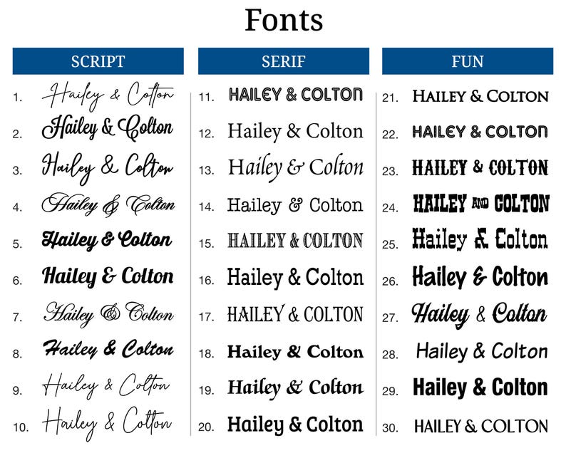 a collection of various font styles, including script, serif, and fun fonts, arranged in a table format.