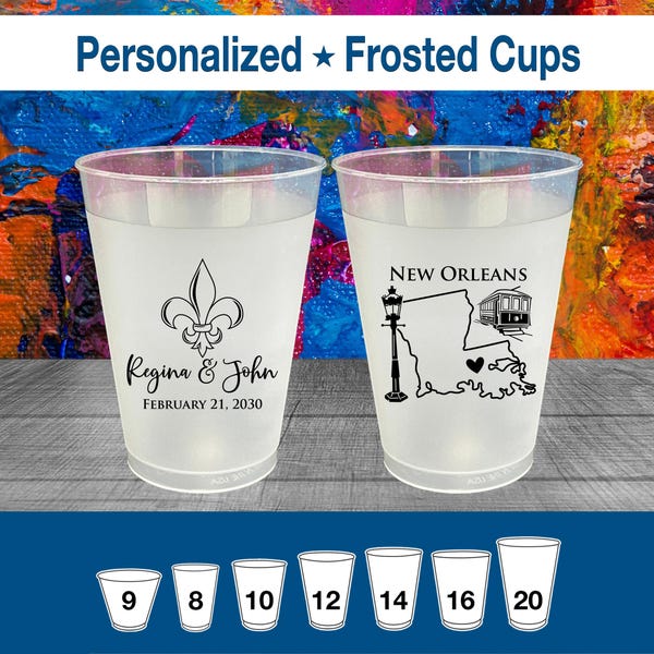 New Orleans, Personalized Frosted Cups, Nola Wedding, Cajun Wedding, Fleur De Lis, Blue Frosted Cups | 334