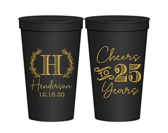 Anniversary Cups, 25th Wedding Anniversary Party Favors, Anniversary Party Ideas, Silver Anniversary Favors, Cheers to 25 Years | 80002