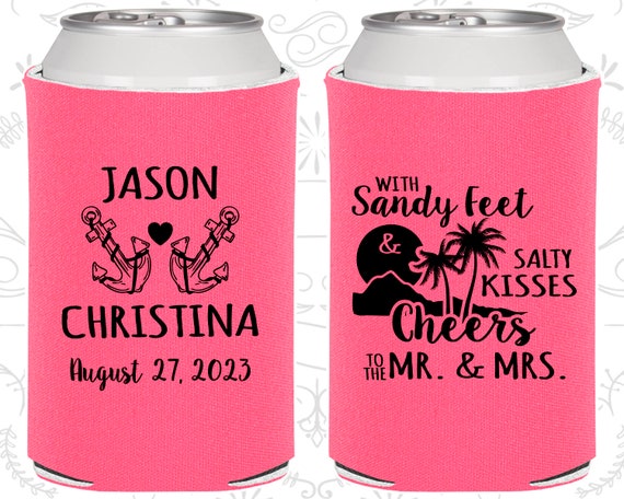 With Sandy Feet and Salty Kisses, Cheers to Mr and Mrs, Beach Wedding Gift, Anchor Wedding Gift, Nautical Wedding Gift, Can Coolers (291) Il_570xn