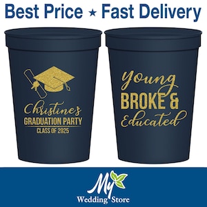 Graduation Party Cups, Graduation Favors, College Grad Gifts, High School Graduation Favors, Young Broke and Educated | 130026