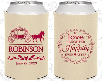 Love Laughter Happily Ever After, Personalized Favors, Princess Carriage, Fairy Tale Wedding Favors, Drink Can Coolers (443)