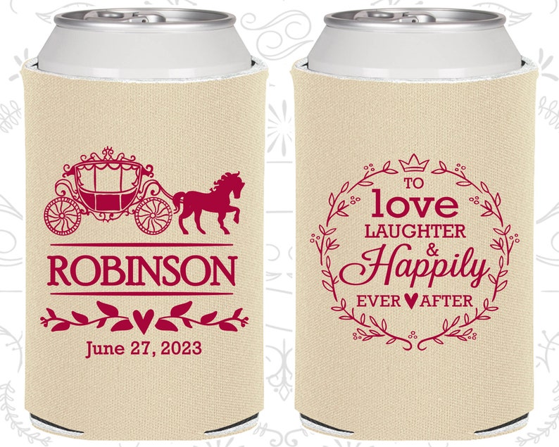 Love Laughter Happily Ever After, Personalized Favors, Princess Carriage, Fairy Tale Wedding Favors, Drink Can Coolers 443 image 1