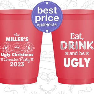 Christmas Frosted Cups, Christmas Favors, Holiday Party Cups, Holiday Party Favors, Ugly Sweater Party, Eat Drink and Be Ugly | 280023