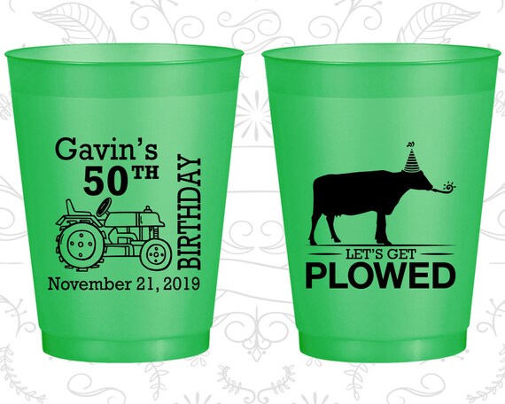 50th Birthday Frosted Cups, Farm Birthday, Lets Get Plowed, Tractor, Frosted Birthday Cups (20037) Il_570xn