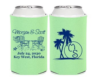 Beach Wedding Favors, Personalized Favors, Palm Trees, Beach Chairs, Monogrammed Gift, Monogram Wedding Favors, Cheap Can Coolers | 423