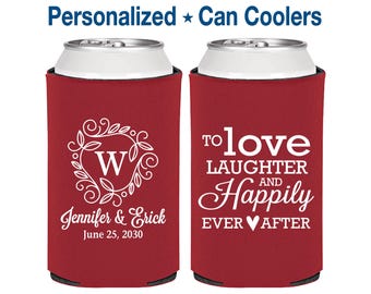 Wedding Can Coolers, Love Laughter and Happily Ever After, Monogram, Personalized Can Coolers, Custom Can Coolers, Wedding Favors | 661