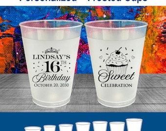 16th Birthday Frosted Cups, Personalized Sixteen Cups, Custom Sweet 16 Party Favors | 300000