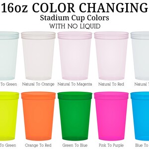 a collection of 16 different colors of plastic stadium cup lids, each representing a unique color. The cups are arranged in a grid, with each row containing four cups. The cups are labeled with their corresponding color names, such as "Natural To Green", "Natural To Orange", "Natural To Magenta", "Natural To Red", "Natural To Blue", "Yellow To Green", "Orange To Red", "Green To Blue", "Green To Purple", and "Blue To Purple".