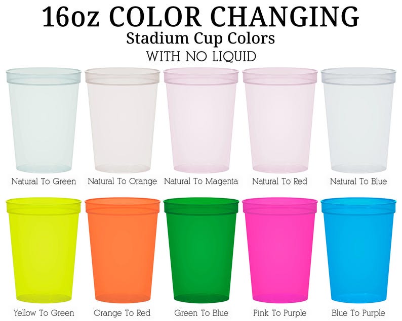 a collection of 16 different colors of plastic stadium cup lids, each representing a unique color. The cups are arranged in a grid, with each row containing four cups. The cups are labeled with their corresponding color names, such as "Natural To Green", "Natural To Orange", "Natural To Magenta", "Natural To Red", "Natural To Blue", "Yellow To Green", "Orange To Red", "Green To Blue", "Green To Purple", and "Blue To Purple".