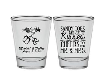 Sandy Toes and Salty Kisses, Cheers to the Mr and Mrs, Promotional Frosted Shot Glasses, Beach Wedding, Flip Flops, Frosted Glassware | 357