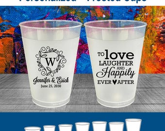 Custom Wedding Cups, Reception Bar Frosted Cups, Personalized Shatterproof Cups, Modern Wedding Favors, Signature Cocktails | 461