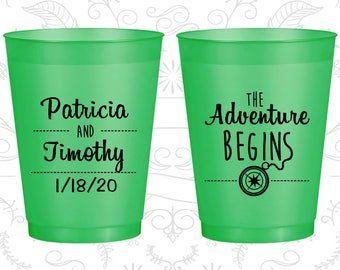 The Adventure Begins, Wedding Favor Frost Flex Cups, Compass, Destination, Green Frosted Cups (289)