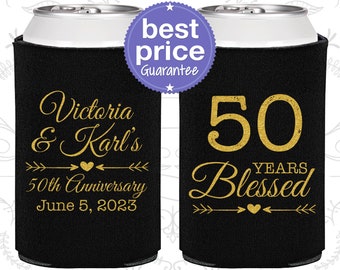 50th Anniversary Gift for Parents, Anniversary Can Coolers, Anniversary Ideas, Golden Anniversary Party Favors, 50 Years Blessed (80037)
