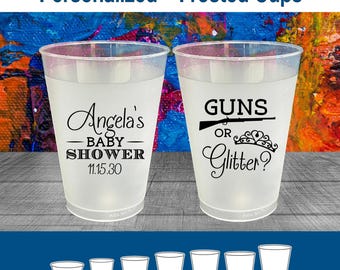 Guns or Glitter, Baby Shower Frosted Cups, Pink or Blue, Bow or Beau, Baby Shower Shatterproof Cups | 90130
