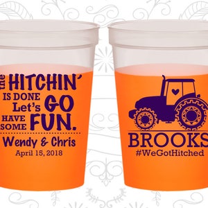 The Hitchin is Done, Lets go have some fun, Wedding Party Mood Cups, Farm Wedding, Country Wedding, Tractor Wedding, Pink Mood Cups 548 image 1