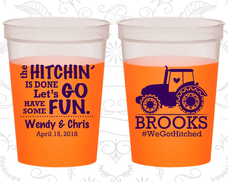 The Hitchin is Done, Lets go have some fun, Wedding Party Mood Cups, Farm Wedding, Country Wedding, Tractor Wedding, Pink Mood Cups 548 image 1