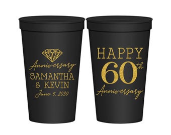 Anniversary Party Cups, 60th Anniversary Gift for Parents, Anniversary Decorations, Diamond Anniversary Party, Happy Anniversary | 80019