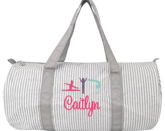 Monongrammed Personalized Seersucker Gymnastics Duffel Barrel Bag, Personalized Dance Bag, Gymnastics Tote Bag, Sleepover Weekend Overnight