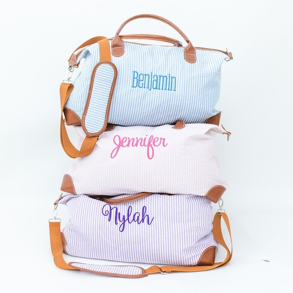 Monogrammed Personalized Seersucker Weekender Travel Bag, Duffel Bag, Seersucker Overnight Bag, Personalized Luggage, Pink Hospital Bag
