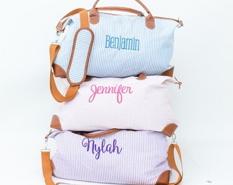 Monogrammed Personalized Seersucker Weekender Travel Bag, Duffel Bag, Seersucker Overnight Bag, Personalized Luggage, Pink Hospital Bag