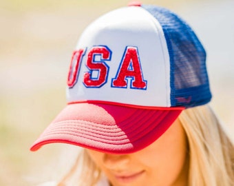 Sombrero de camionero patriótico de EE. UU., sombrero de béisbol de malla, gorra de béisbol de Chenille rojo con brillo azul, gorra de béisbol de EE. UU., 4 de julio, Día de los Caídos, sombrero de cola de caballo, EE. UU.