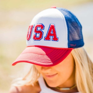 USA Patriotic Trucker Hat, Mesh Baseball Hat, Blue Glitter Red Chenille Patch USA Baseball Cap, July 4th, Memorial Day, Ponytail Hat, USA