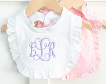 Monogrammed Ruffle Baby Bib, Personalized Bibs, First Birthday Bib, Newborn Baby Shower Gift, Cake Smash Outfit, Custom Baby Bib, Niece Gift