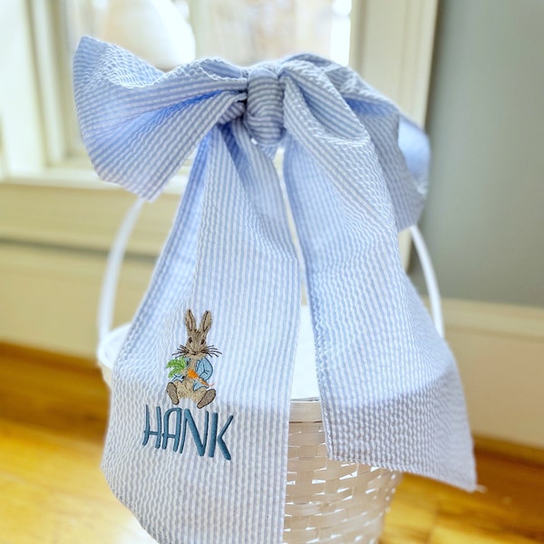 Personalized Easter Basket Seersucker Bow, Flower Girl Basket Bow, New Mom Gift Basket, Baby Girl Gift Basket, Easter Egg Hunt, Easter Bunny