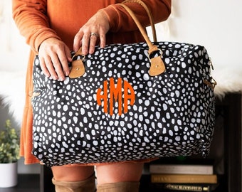 Monogrammed Personalized Black Dot Weekender Travel Duffel Bag, Dot Overnight Bag, Personalized Luggage, Mommy Bag, Hospital Bag, Duffle Bag