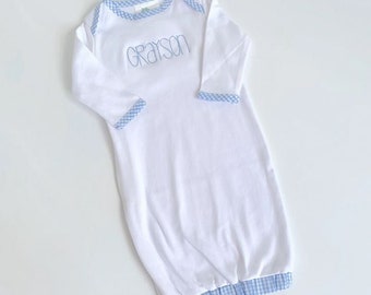 Monogrammed Blue Gingham Baby Boy Gown, Baby Spring Outfit, Infant Summer, Cake Smash Outfit, Monogrammed Baby Gown, Newborn Boy Gift