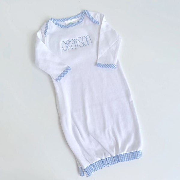 Monogrammed Blue Gingham Baby Boy Gown, Baby Spring Outfit, Infant Summer, Cake Smash Outfit, Monogrammed Baby Gown, Newborn Boy Gift