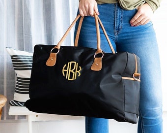 Monogrammed Personalized Black Nylon Weekender Travel Duffel Bag, Overnight Bag, Personalized Luggage, Weekender Bag Women, Hospital Bag