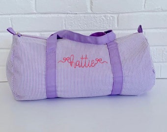 Monongrammed Personalized Seersucker Bow Duffle Barrel Bag, Personalized Dance Bag, Newborn Baby Hospital Bag, Sleepover Weekend Overnight
