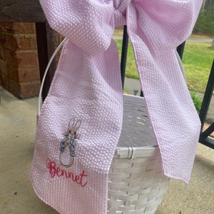 Personalized Easter Basket Seersucker Bow, Flower Girl Basket Bow, New Mom Gift Basket, Baby Girl Gift Basket, Easter Egg Hunt, Easter Bunny image 4