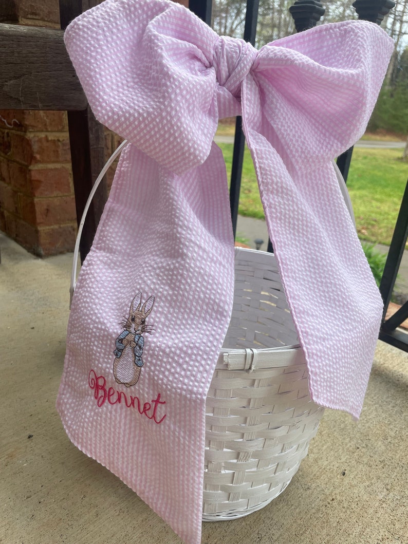 Personalized Easter Basket Seersucker Bow, Flower Girl Basket Bow, New Mom Gift Basket, Baby Girl Gift Basket, Easter Egg Hunt, Easter Bunny image 4