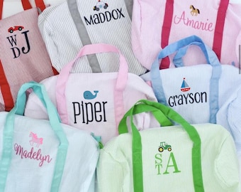 Monongrammed Personalized Seersucker Duffle Barrel Bag, Preppy Children's Travel Bag, Ballet, Sports, Sleepovers, Daycare, Weekend Overnight
