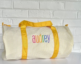 Monongrammed Personalized Seersucker Duffle Barrel Bag, Preppy Children's Travel Bag, Ballet, Sports, Sleepovers, Daycare, Weekend Overnight