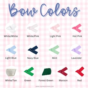 May include: A colour chart titled Bow Colours displaying twelve ribbon samples in various shades including white, pink, blue, green, lavender, maroon, and red. Each sample is labelled with its corresponding colour name below the circular image.