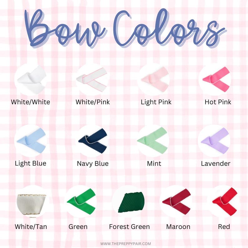 May include: A colour chart titled Bow Colours displaying twelve ribbon samples in various shades including white, pink, blue, green, lavender, maroon, and red. Each sample is labelled with its corresponding colour name below the circular image.