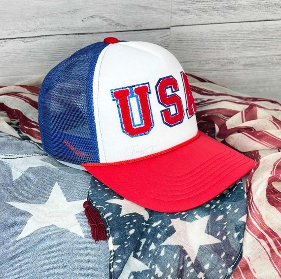 USA Patriotic Trucker Hat, Mesh Baseball Hat, Blue Glitter  display picture 1