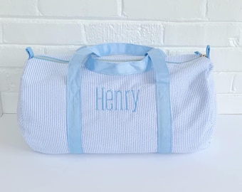 Monongrammed Personalized Seersucker Duffle Barrel Bag, Preppy Children's Travel Bag, Ballet, Sports, Sleepovers, Daycare, Weekend Overnight