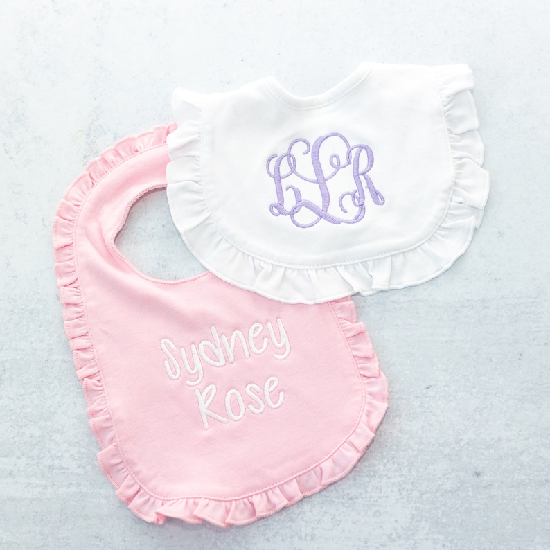 Monogrammed Ruffle Baby Bib, Personalized Bibs, First Birthday Bib, Newborn Baby Shower Gift, Cake Smash Outfit, Custom Baby Bib, Niece Gift image 5