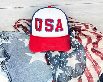 USA Patriotic Trucker Hat, Mesh Baseball Hat, Blue Glitter Red