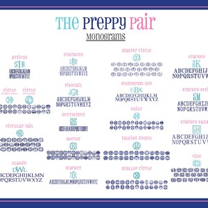 May include: A chart with different monogram styles, including arricus, engraved, fishtail, gentlemen, vector, classic, market, and more. Each style is shown with a sample monogram and the alphabet in that style.