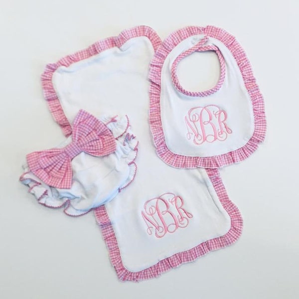 Mongorammed Ruffle Gingham Baby Bib,Burp & Bloomer Set, Monogrammed Ruffle Bow Diaper Cover, Personalized Ruffle Burp Cloth, Baby Shower Set