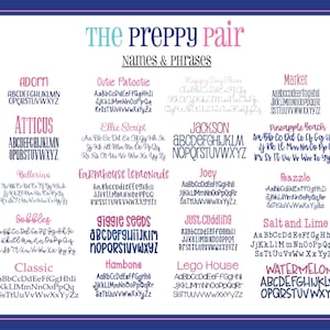 Puede incluir: Un gr&aacute;fico con un esquema de color rosa y azul que presenta una variedad de fuentes y nombres. El texto "The Preppy Pair" est&aacute; en la parte superior del gr&aacute;fico. Los nombres est&aacute;n en diferentes fuentes y estilos. Los nombres incluyen Adorn, Atticus, Ballerina, Bobbles, Classic, Cutie Patootie, Ellie Script, Farmhouse Lemonade, Giggle Seeds, Hambone, Jackson, Joey, Just Cuddling, Lego House, Market, Pineapple Beach, Razzle, Salt and Lime, Watermelon.