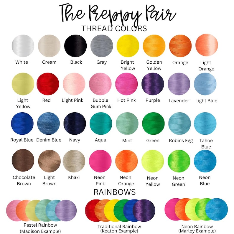 Puede incluir: Una tabla de colores de hilo para bordar, con nombres para cada color. Los colores est&aacute;n dispuestos en filas y columnas, con los nombres de los colores debajo de cada muestra de color. La tabla incluye una secci&oacute;n para colores arco&iacute;ris, con tres variaciones de arco&iacute;ris diferentes: pastel, tradicional y ne&oacute;n.