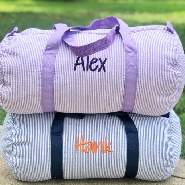 Monongrammed Personalized Seersucker Duffle Barrel Bag, Preppy Children's Travel Bag, Ballet, Sports, Sleepovers, Daycare, Weekend Overnight